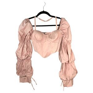 Oh Polly Blush Pink Bustier Corset Off Shoulder Long Sleeve Blouse Crop 2 NEW